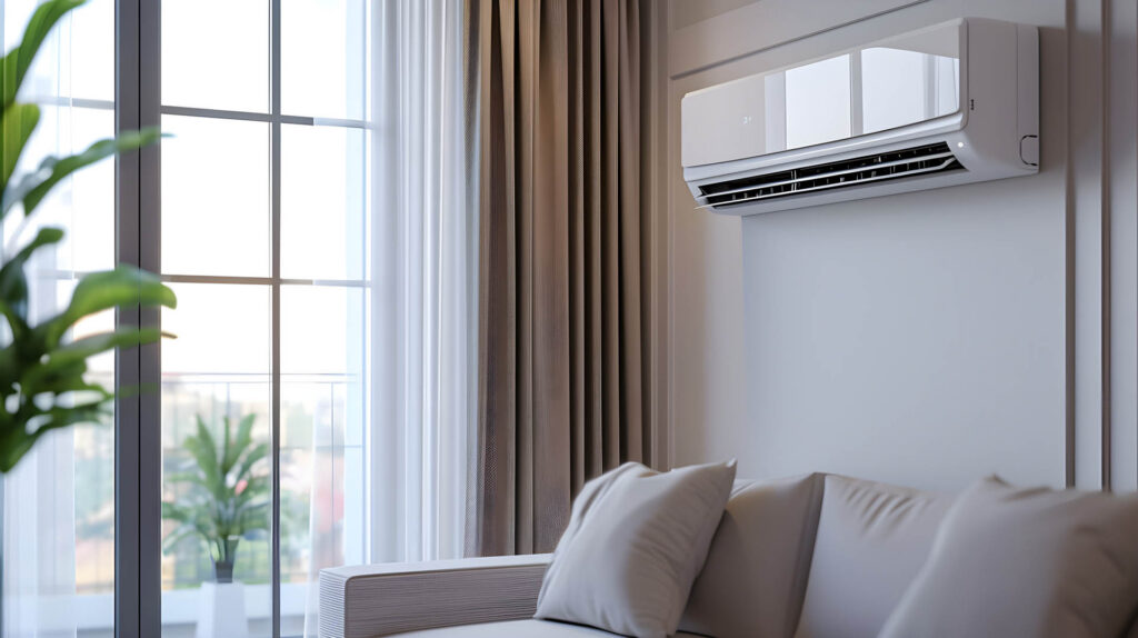 A air conditioner hangs on the wall in a bright room and cools t