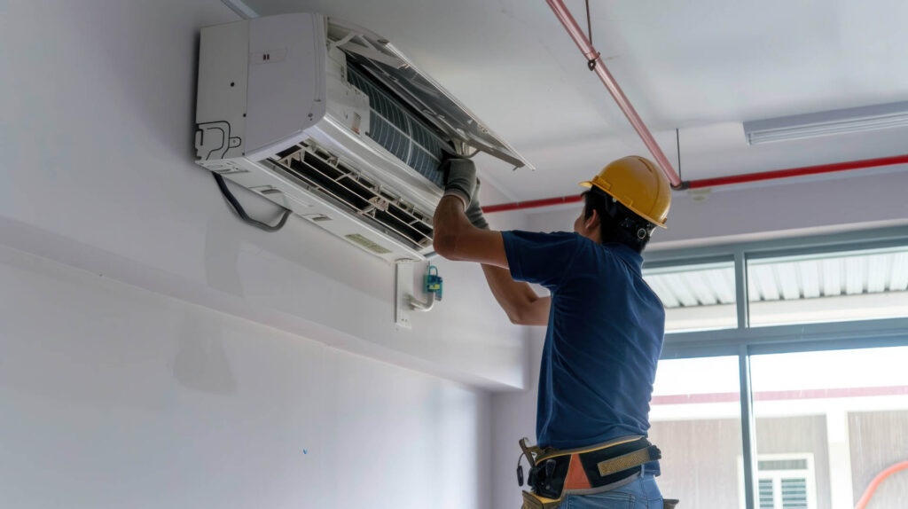 Skilled Technician Expertly Installing Cassette Air Conditioner System in Commercial Building.